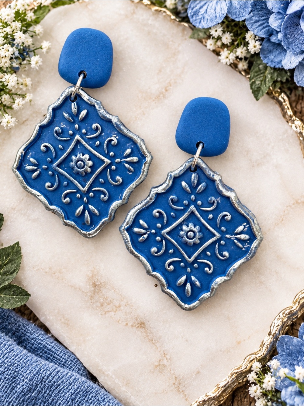 Blue Embossed Tile Drop Handmade Polymer Clay Earrings